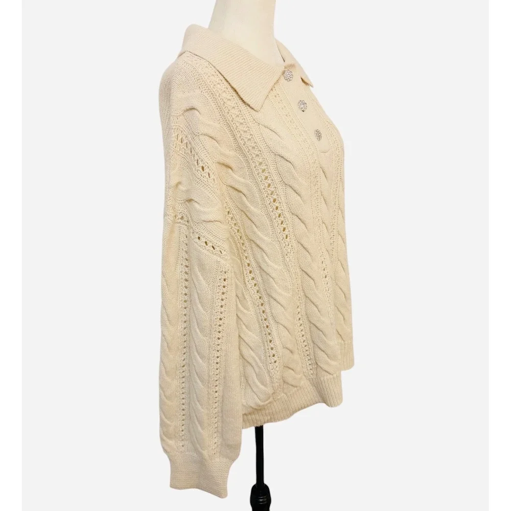 Cleo XXL Cream Cable Knit Collared Sweater with Rhinestone Buttons - Picture 5 of 9